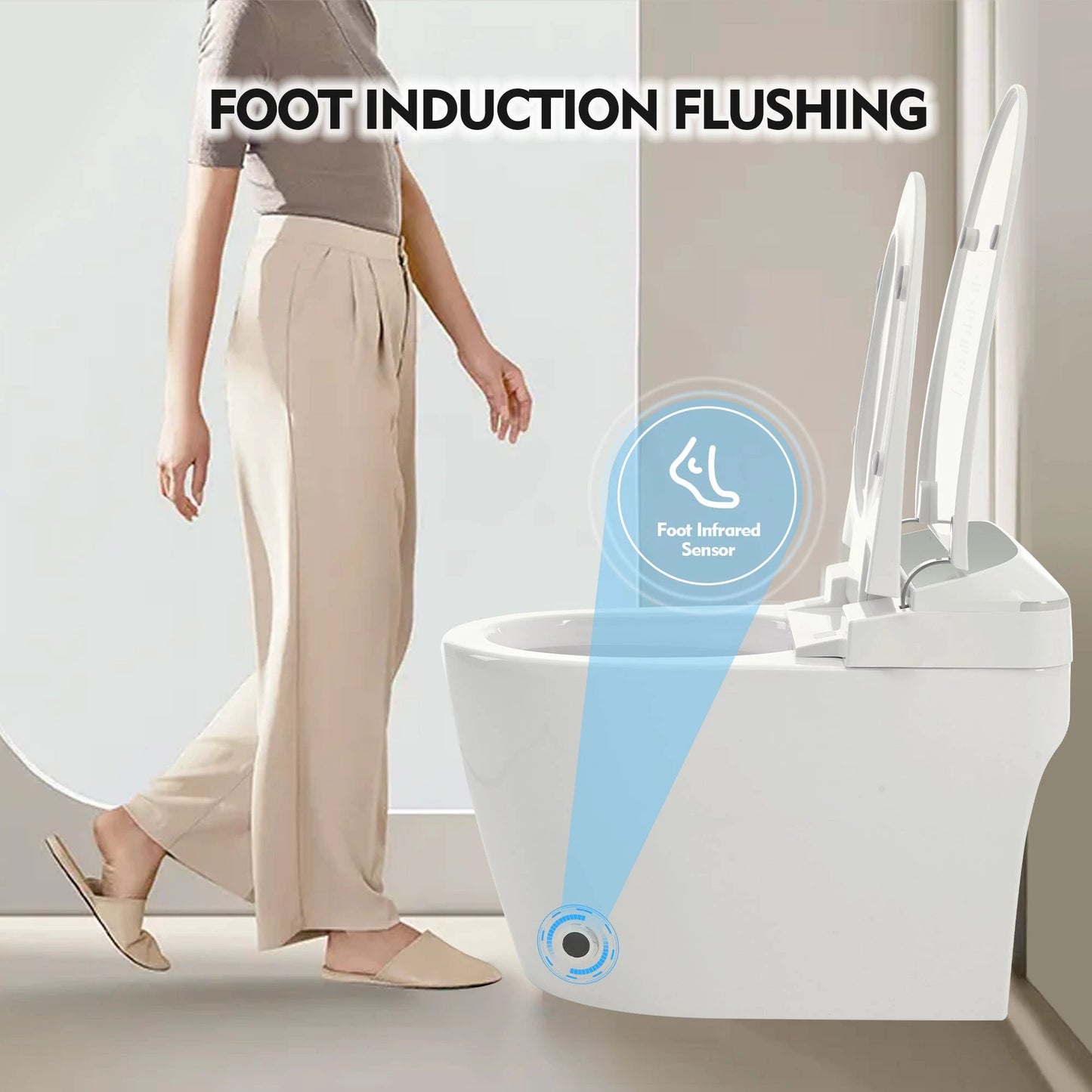 Heated seat intelligent toilet, integrated toilet, automatic flushing water tank toilet, with foot sensor flushing, white night by eprolo