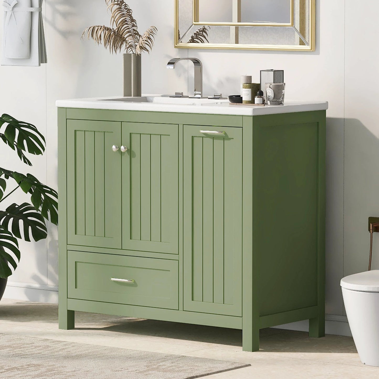 36 inch bathroom vanity with sink, one double door cabinet one large drawer and one flip drawer solid wood and MDF board, green by eprolo
