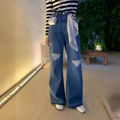 Layered Ripped Wide-Leg Jeans Women Spring New Long Pants