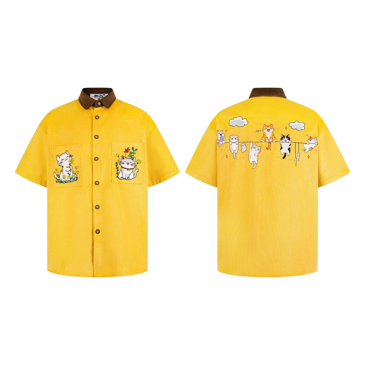 2 yellow corduroy color-block short-sleeve shirts with brown collars; pockets and back feature cat embroidery by eprolo