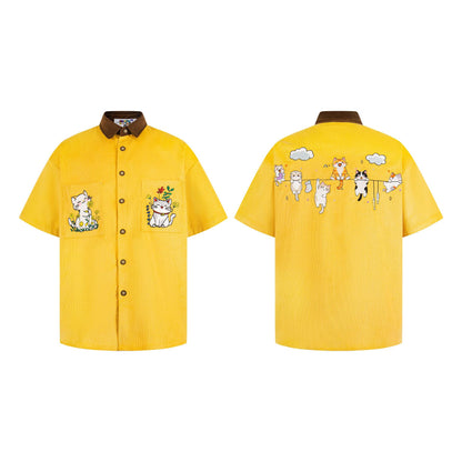 2 yellow corduroy color-block short-sleeve shirts with brown collars; pockets and back feature cat embroidery by eprolo