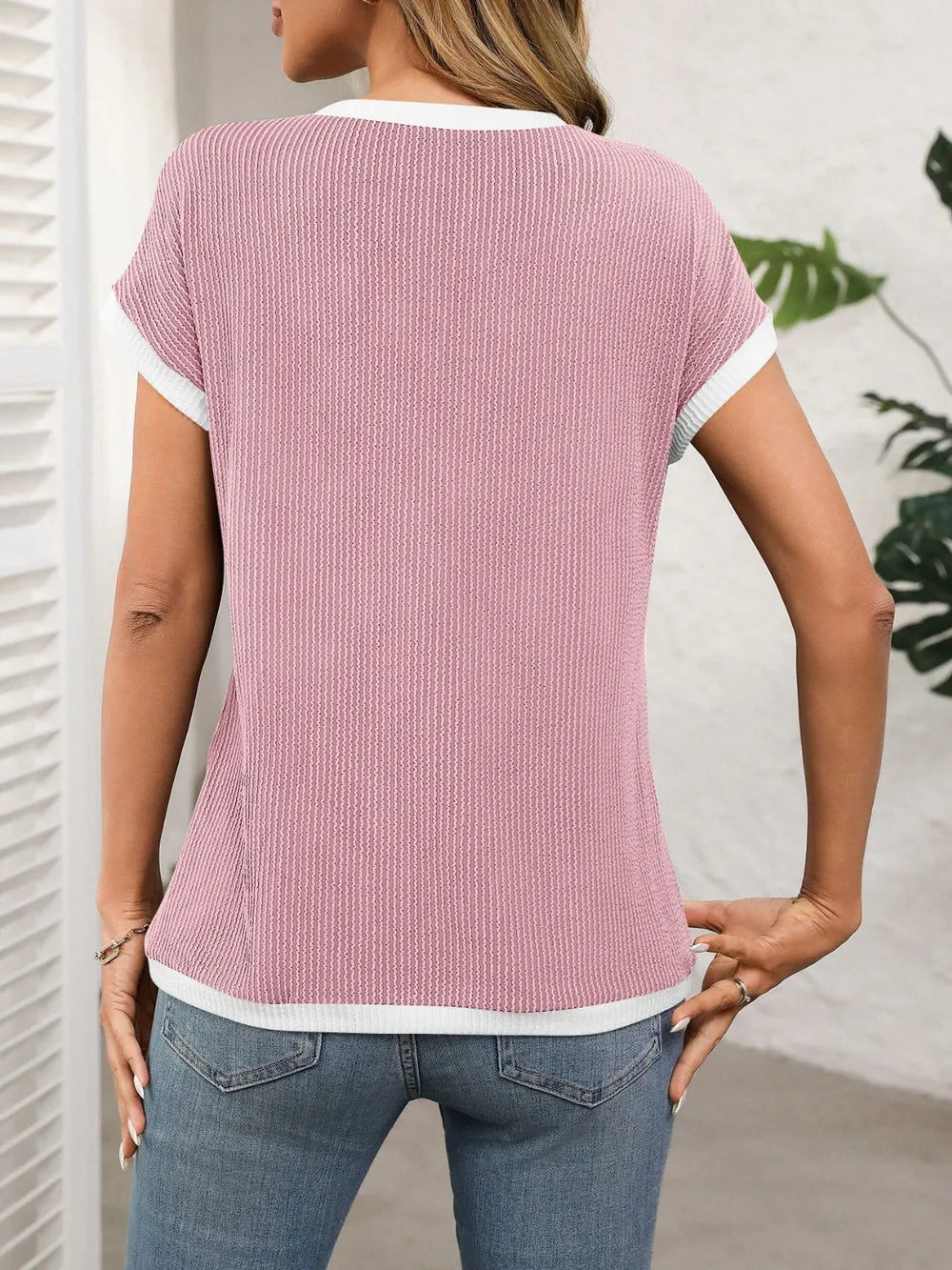 Women's short sleeved T-shirt basic ribbed knit T-shirt