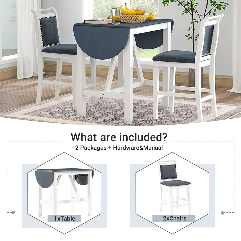Juego de mesa de comedor de altura de mostrador de madera de 3 piezas con hojas abatibles