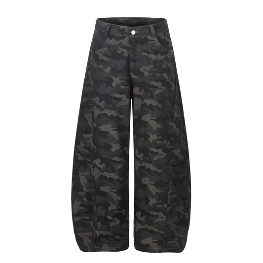 Camouflage Cargo Knife-Style Denim Pants, Unisex, Loose Wide-Leg