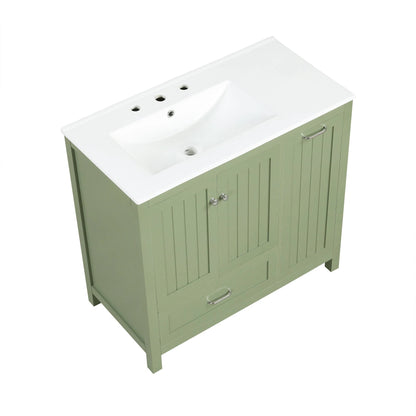 36 inch bathroom vanity with sink, one double door cabinet one large drawer and one flip drawer solid wood and MDF board, green by eprolo