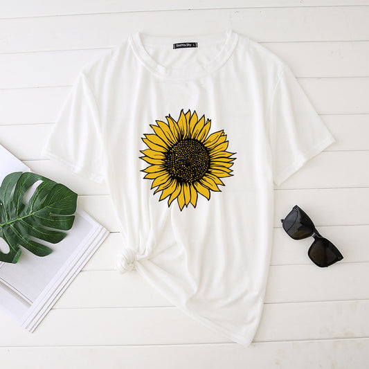 Camiseta de Girasol para Mujer Manga Corta Cuello Redondo Novedad