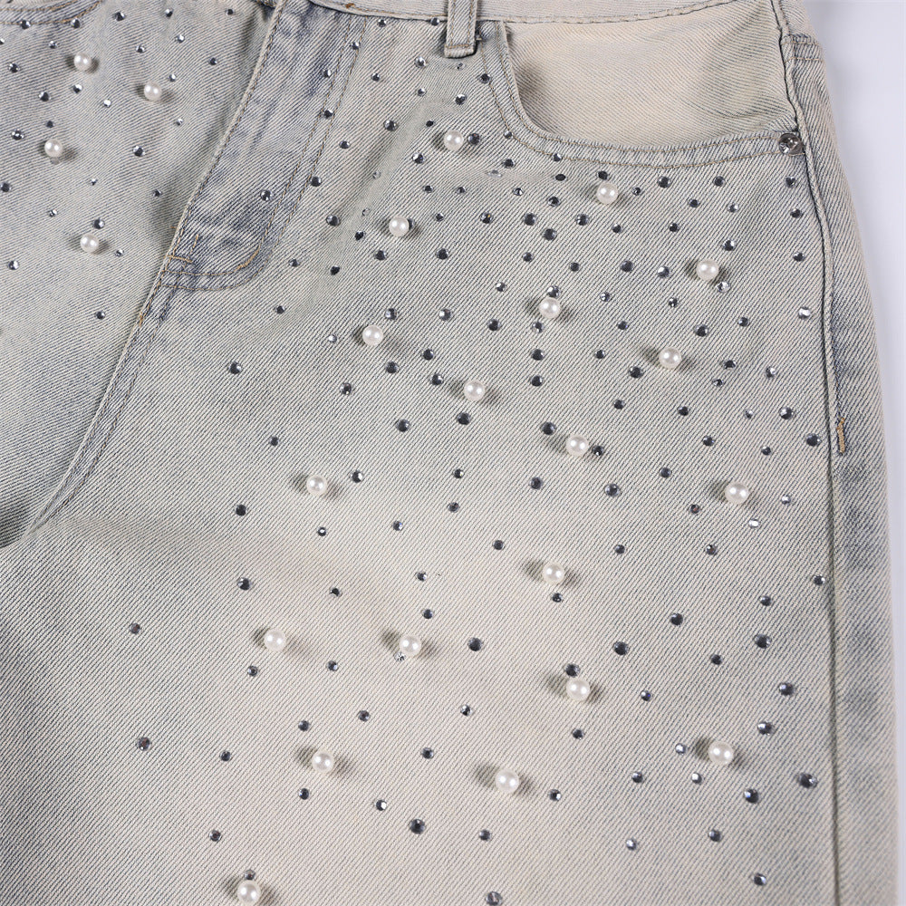 Full printed nail bead hot stamping denim shorts