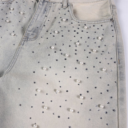 Full printed nail bead hot stamping denim shorts