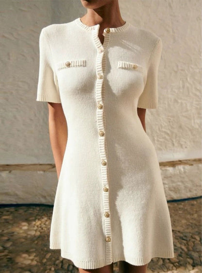 Chic Knit Dress for Women with Metal Buckle, Slim Fit Short Sleeve Waist-CinchingSummer Dress by eprolo