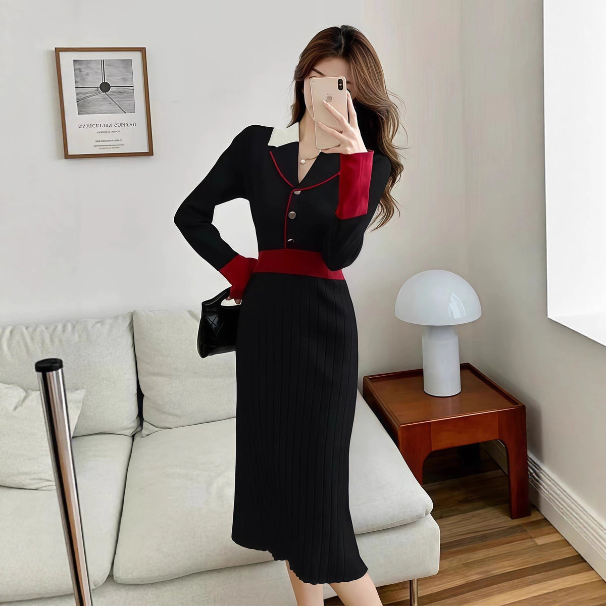 French Vintage Turn-Down Collar Knit Dress for Women, Autumn/Winter New Style Elegant Fitted Waistline Chic Sweater Dress with by eprolo