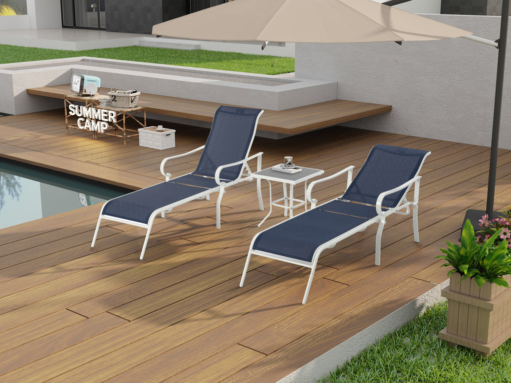 Ensemble de 3 chaises longues de terrasse, chaise longue d'extérieur avec 5 dossiers réglables, cadre en acier robuste, blanc bleu