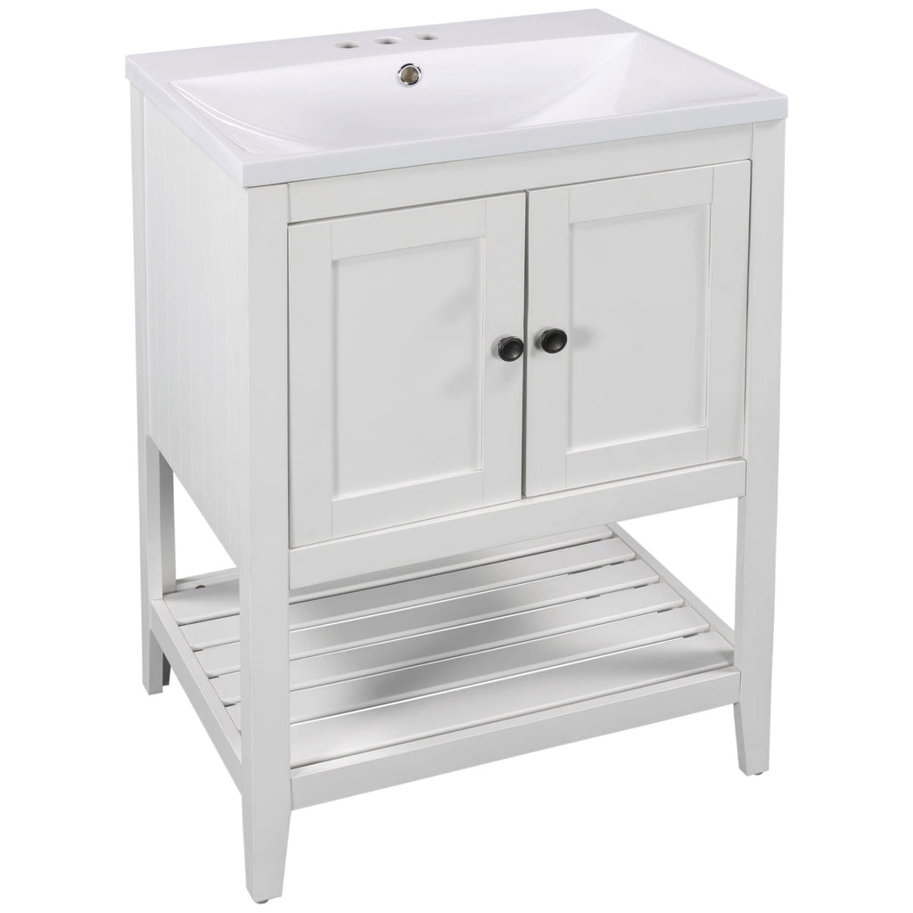 24" White Modern Sleek Bathroom Vanity Elegant Ceramic Sink with Solid Wood Frame Open Style Shelf by eprolo