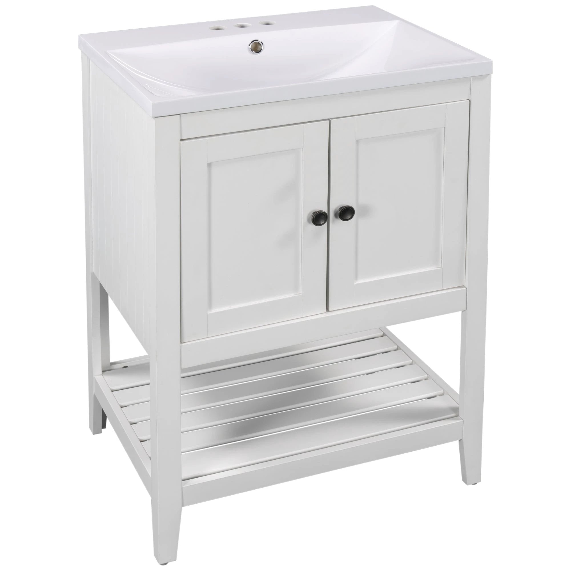 24" White Modern Sleek Bathroom Vanity Elegant Ceramic Sink with Solid Wood Frame Open Style Shelf by eprolo