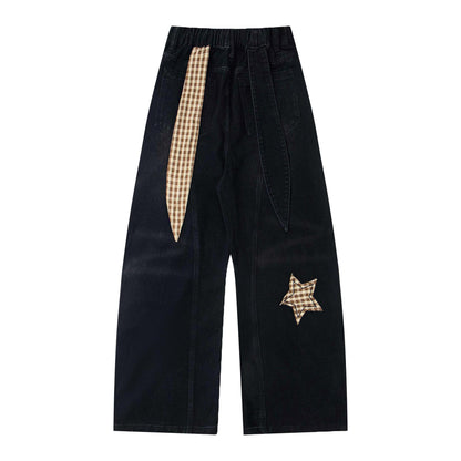 Five pointed star patch embroidered Denim Curved knife Pants