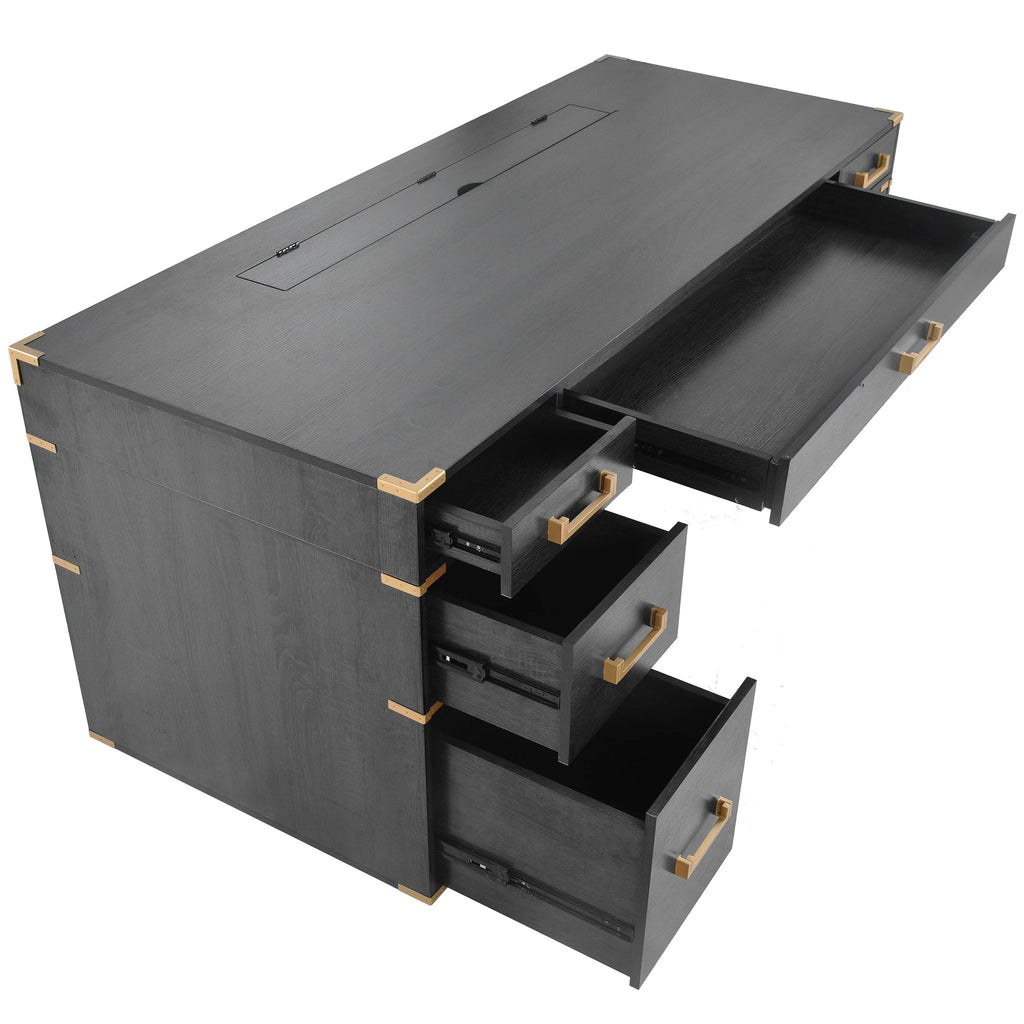 70 inch classic and traditional executive desk with metal trim, writing desk with 2 file drawers, USB ports, and sockets, black by eprolo