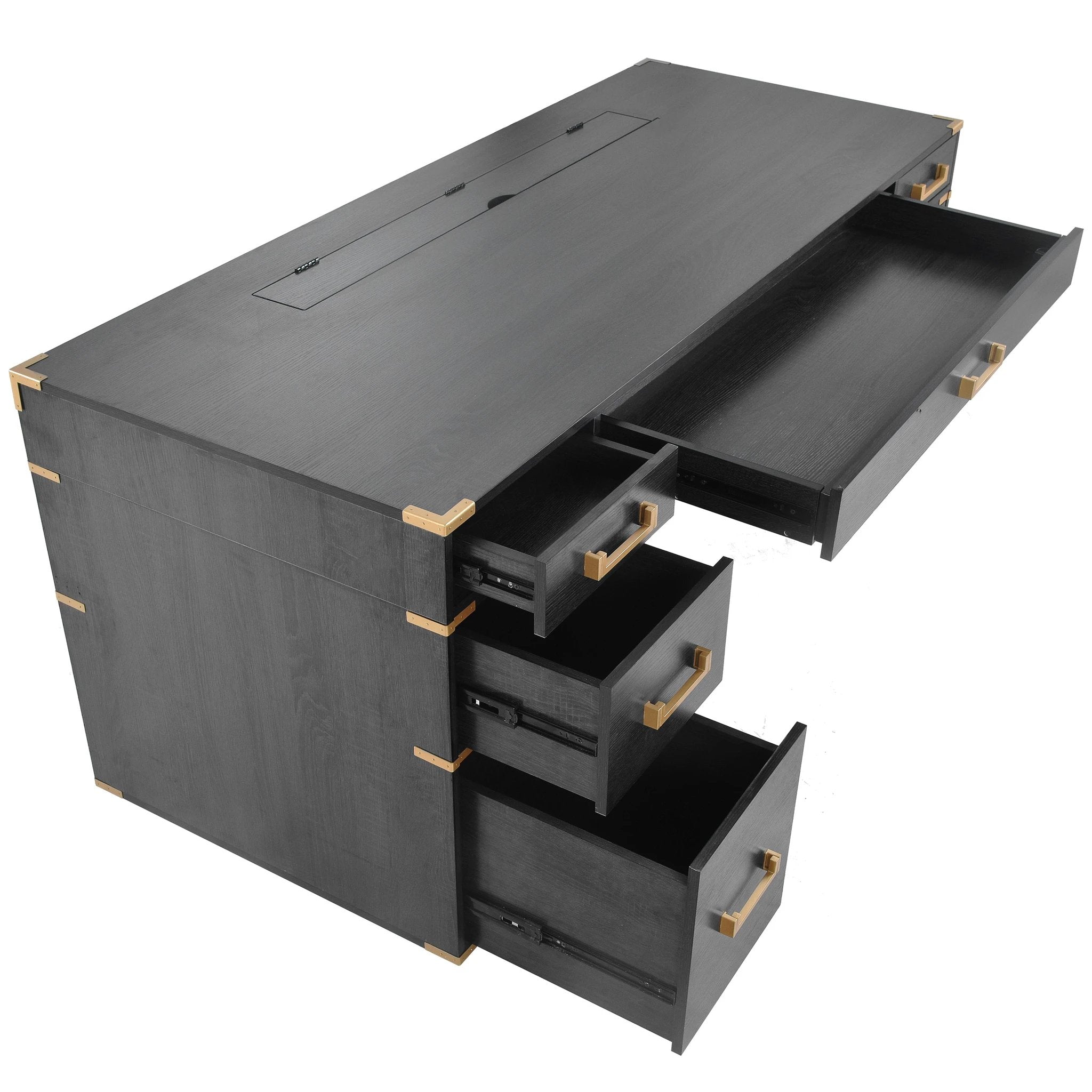70 inch classic and traditional executive desk with metal trim, writing desk with 2 file drawers, USB ports, and sockets, black by eprolo