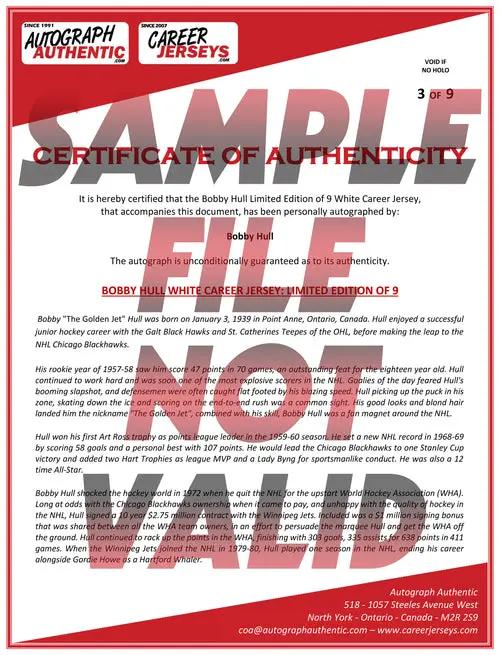 Certificate of Authenticity for Bobby Hull White Career Jersey, Limited Edition of 9, Autograph Authentic
