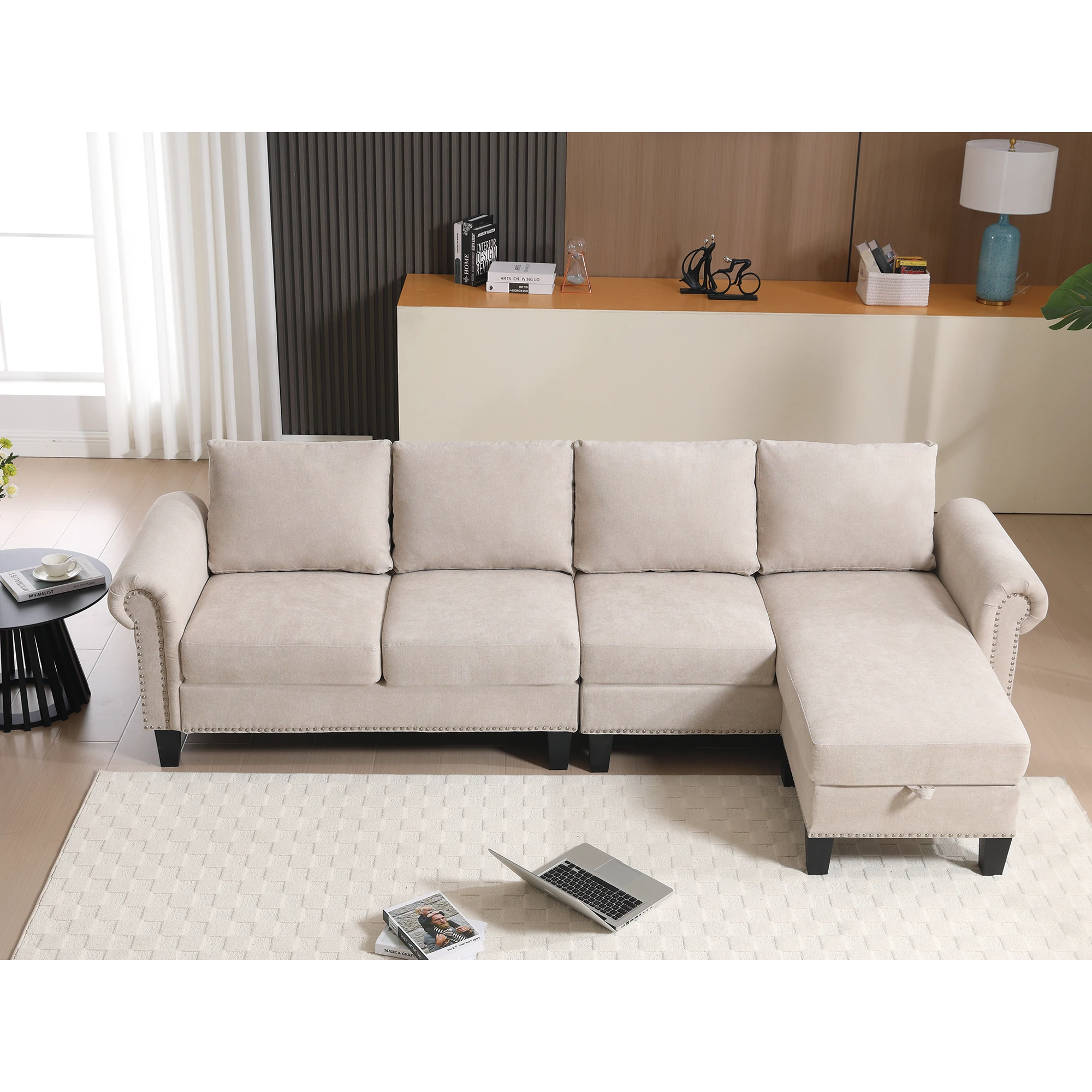 Convertible Sectional Sofa with Storage,L-shaped sofa,Four-seater sofa,Modern Linen Fabric Sectional Couches Beige by eprolo