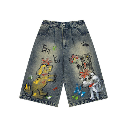 Dog graffiti cartoon straight leg denim shorts