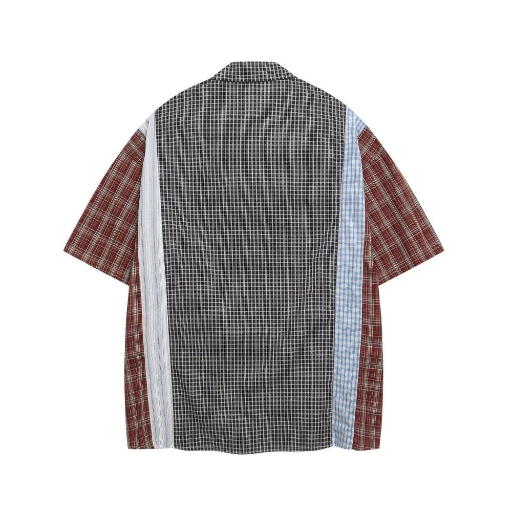 Color blocking checkered irregular splicing short sleeved shirt by eprolo