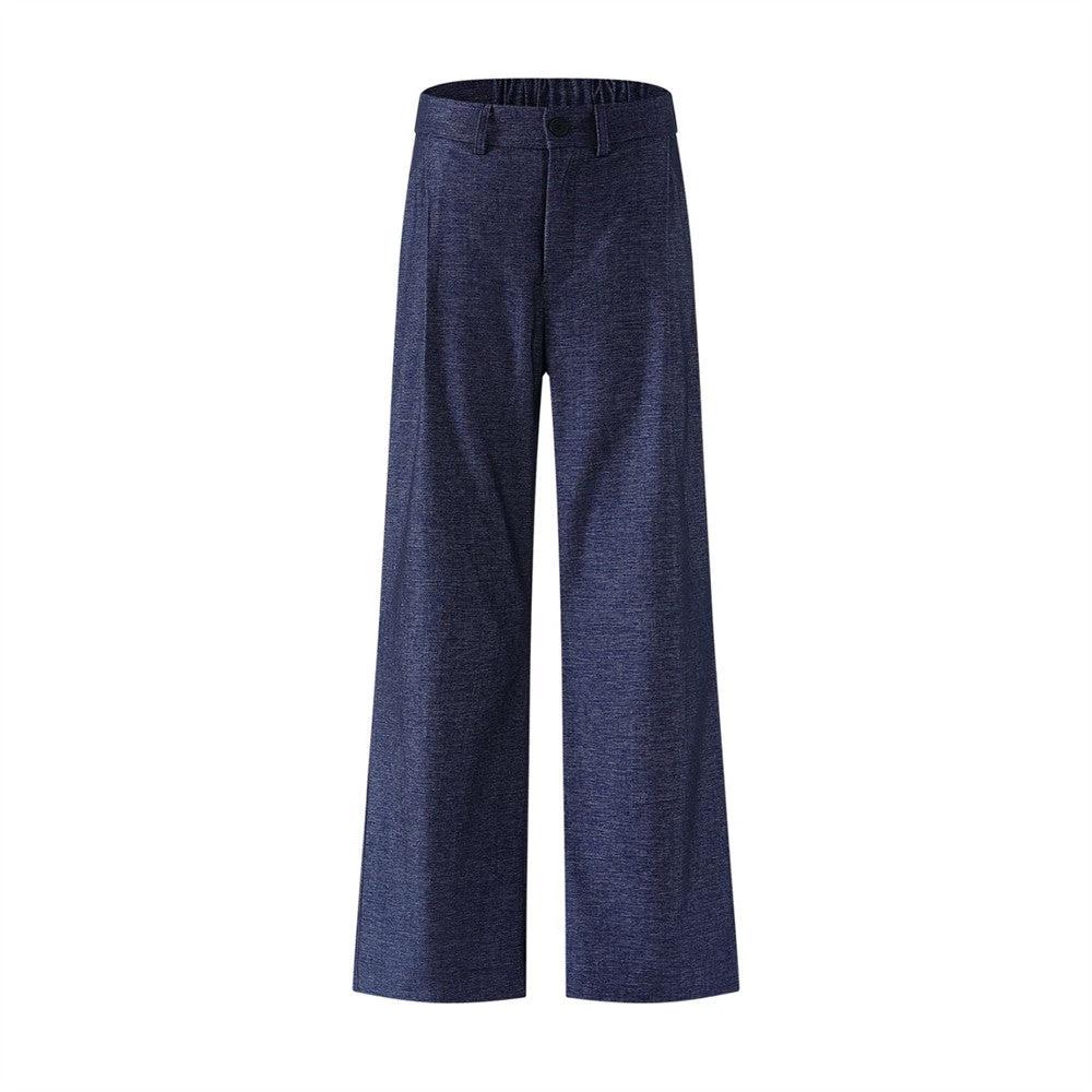Elastic Waistband Pleat Design Solid Color Straight Leg Pants by eprolo