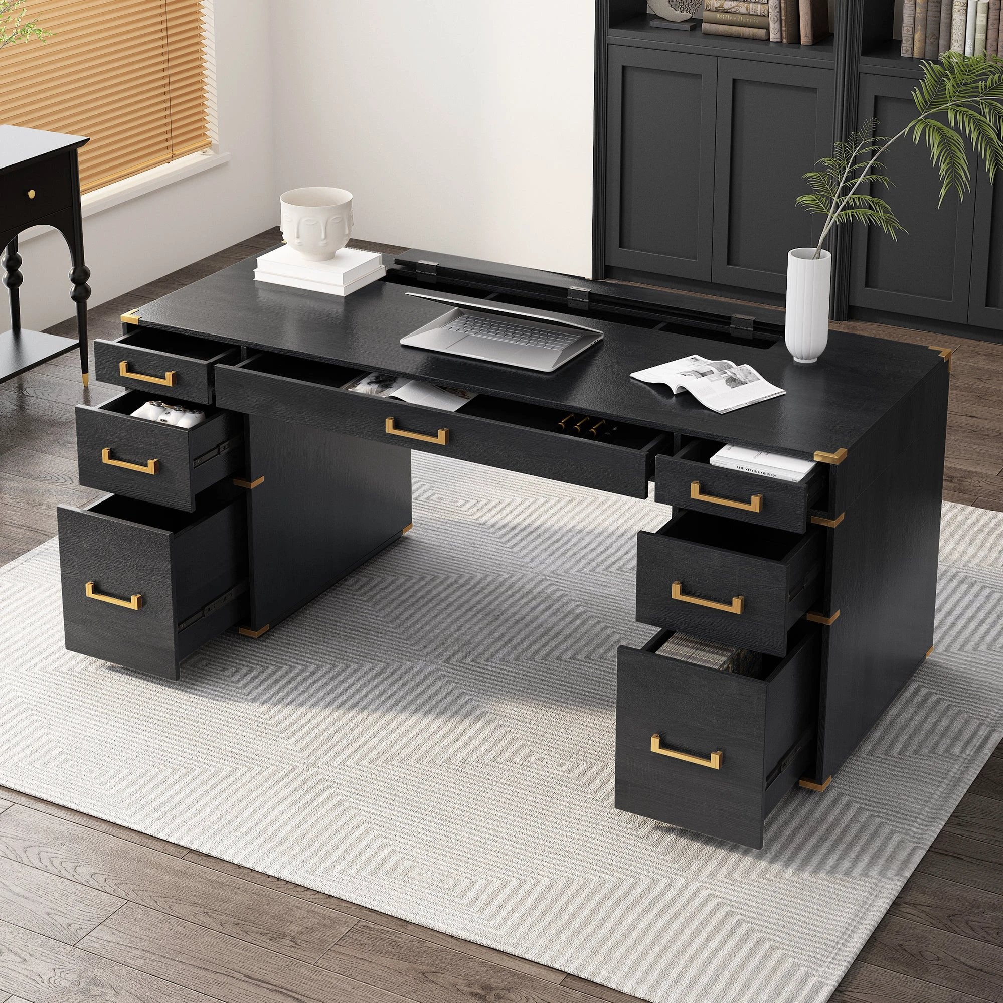 70 inch classic and traditional executive desk with metal trim, writing desk with 2 file drawers, USB ports, and sockets, black by eprolo