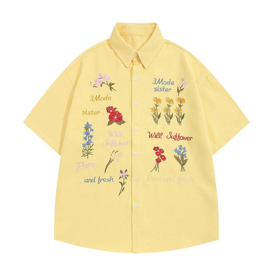 Chemise à manches courtes brodée florale couleur gaufre