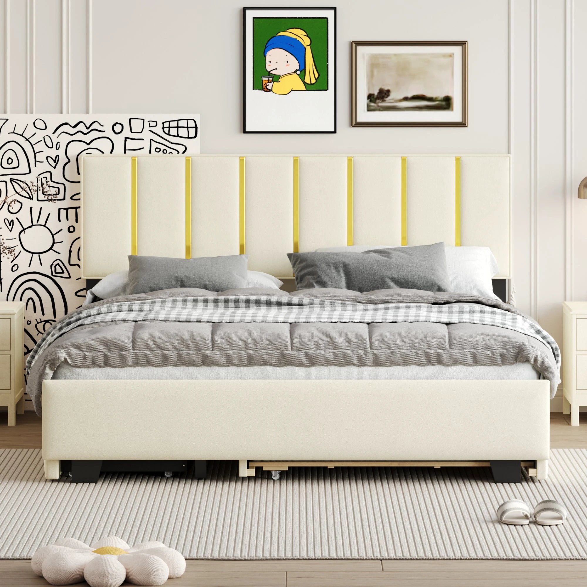 Queen Size Upholstered Platform Bed with 2 Drawers and 1 Trundle, Classic Metal Strip Headboard Design, Beige by eprolo