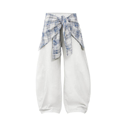 Fake Two Piece Checkered Spliced Waist Strap Loose Wide Leg Pants by eprolo