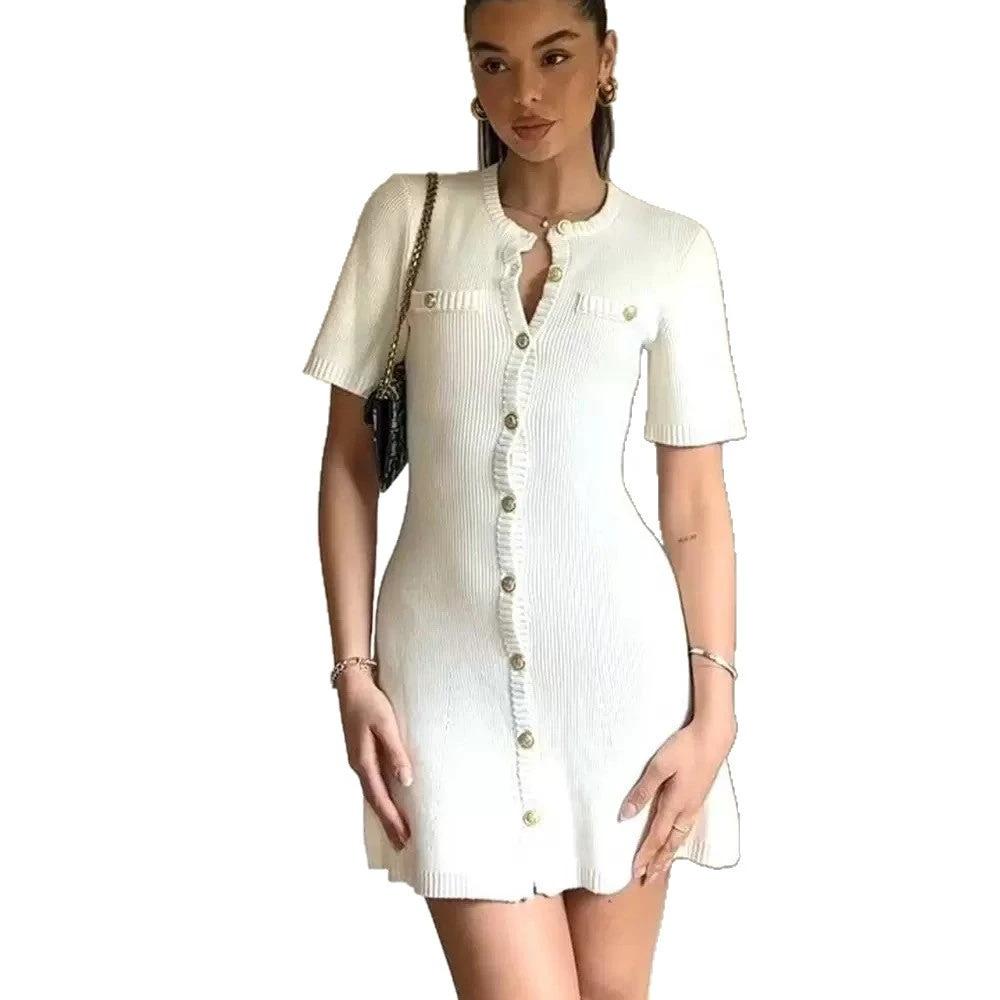 Chic Knit Dress for Women with Metal Buckle, Slim Fit Short Sleeve Waist-CinchingSummer Dress by eprolo