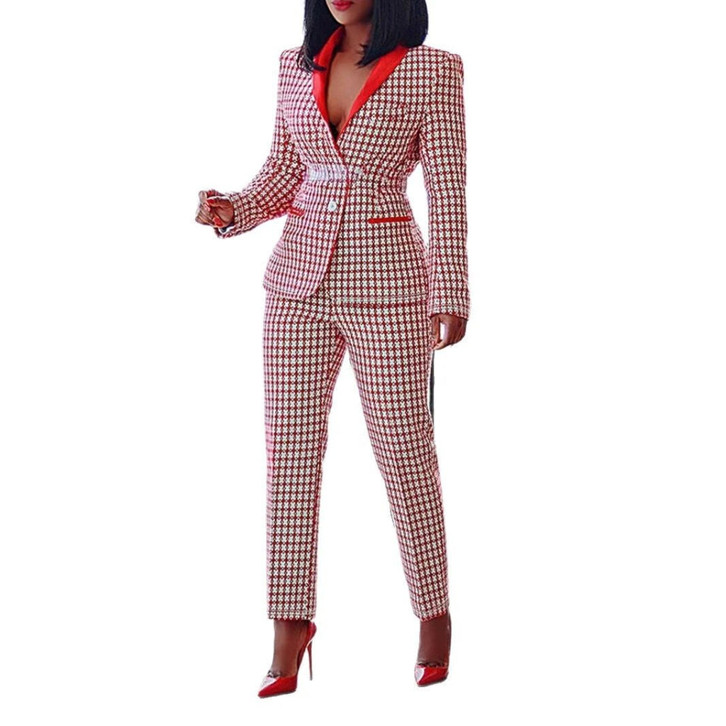 Chic Women's Plaid Office Suit Set Long Sleeve Blazer + Pants Two-Piece Set by eprolo