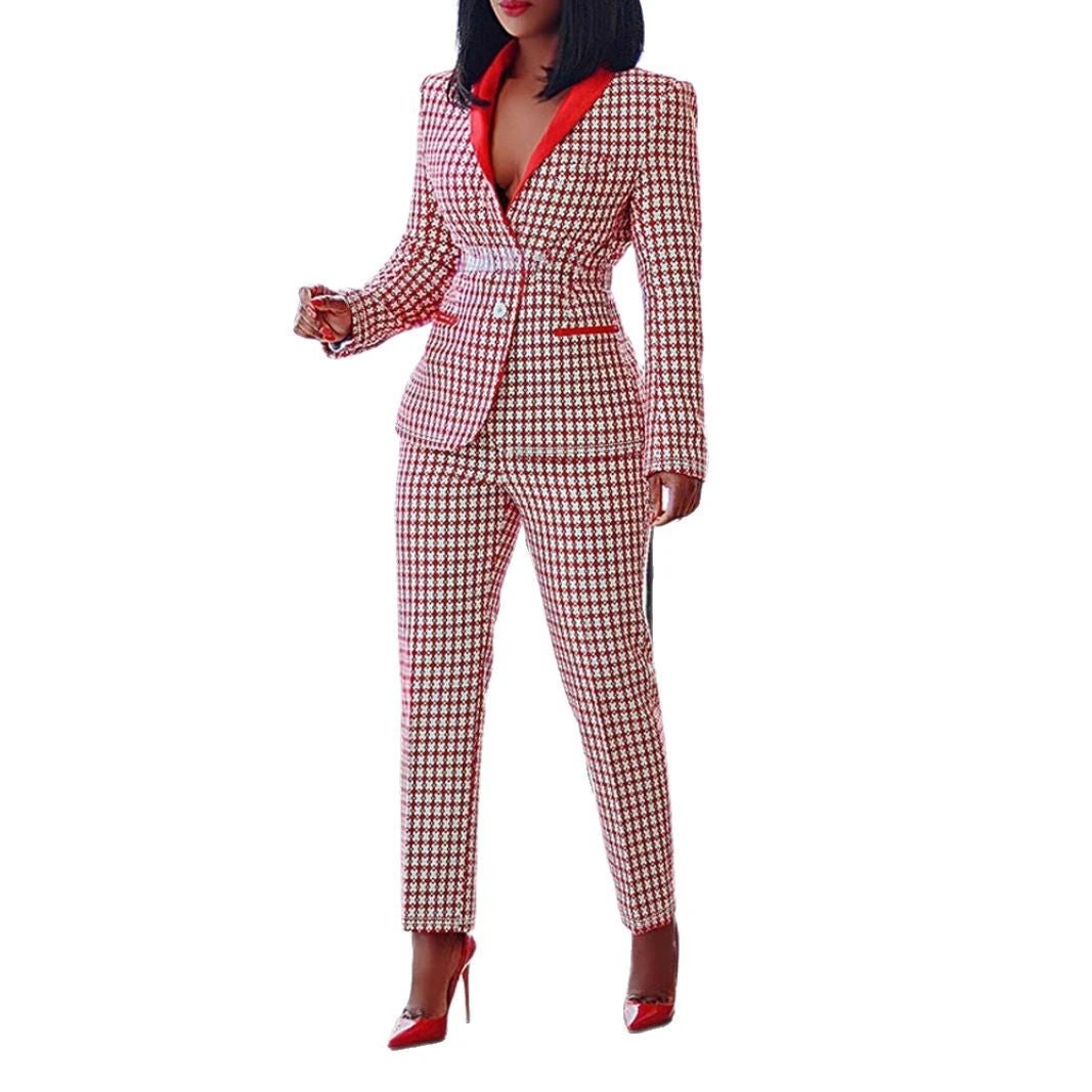 Chic Women's Plaid Office Suit Set Long Sleeve Blazer + Pants Two-Piece Set by eprolo