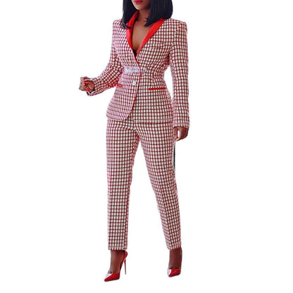 Chic Women's Plaid Office Suit Set Long Sleeve Blazer + Pants Two-Piece Set by eprolo