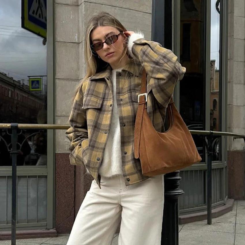 Checkered wool coat women's retro loose woolen coat by eprolo
