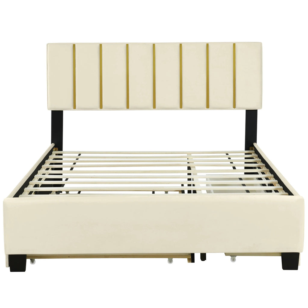 Queen Size Upholstered Platform Bed with 2 Drawers and 1 Trundle, Classic Metal Strip Headboard Design, Beige by eprolo