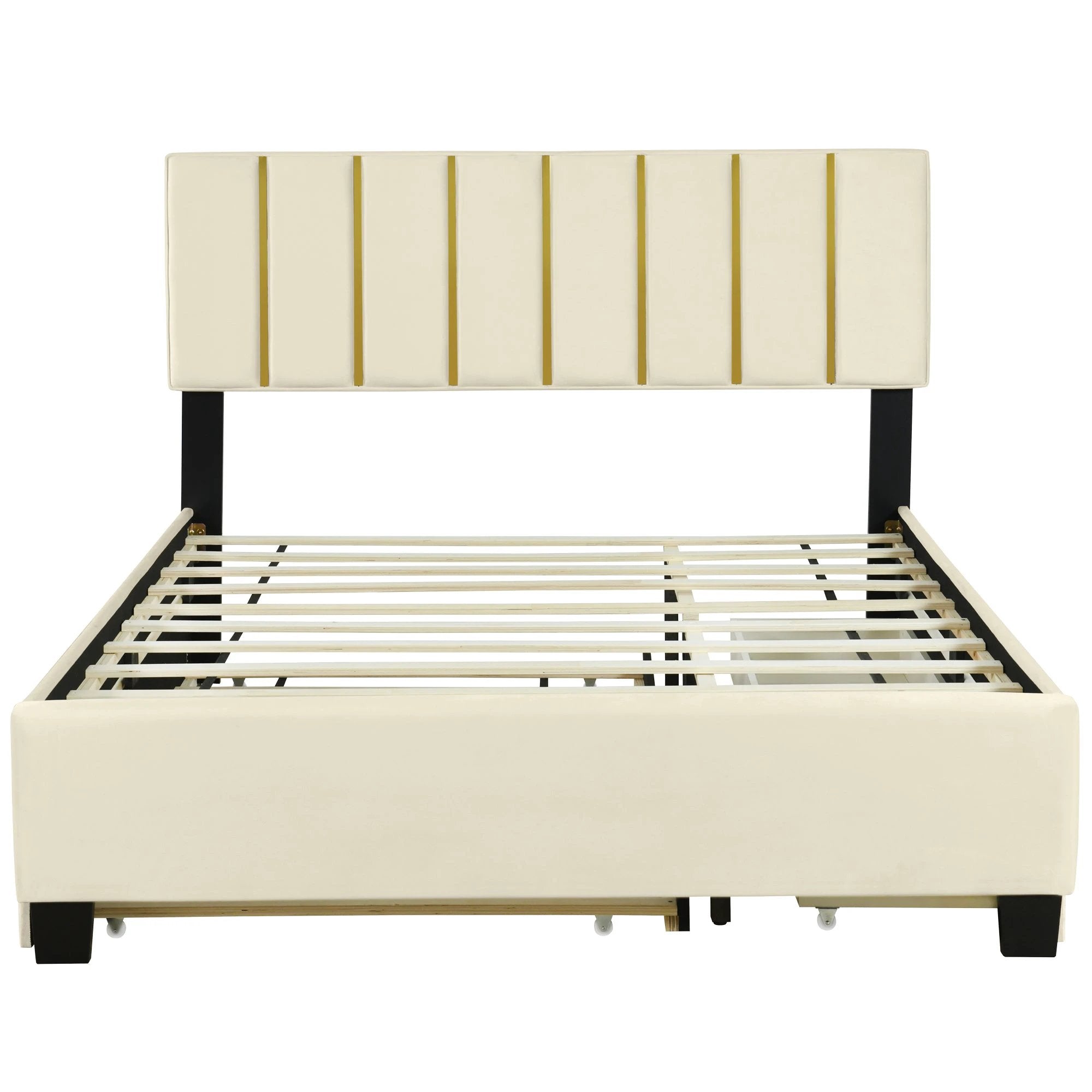 Queen Size Upholstered Platform Bed with 2 Drawers and 1 Trundle, Classic Metal Strip Headboard Design, Beige by eprolo