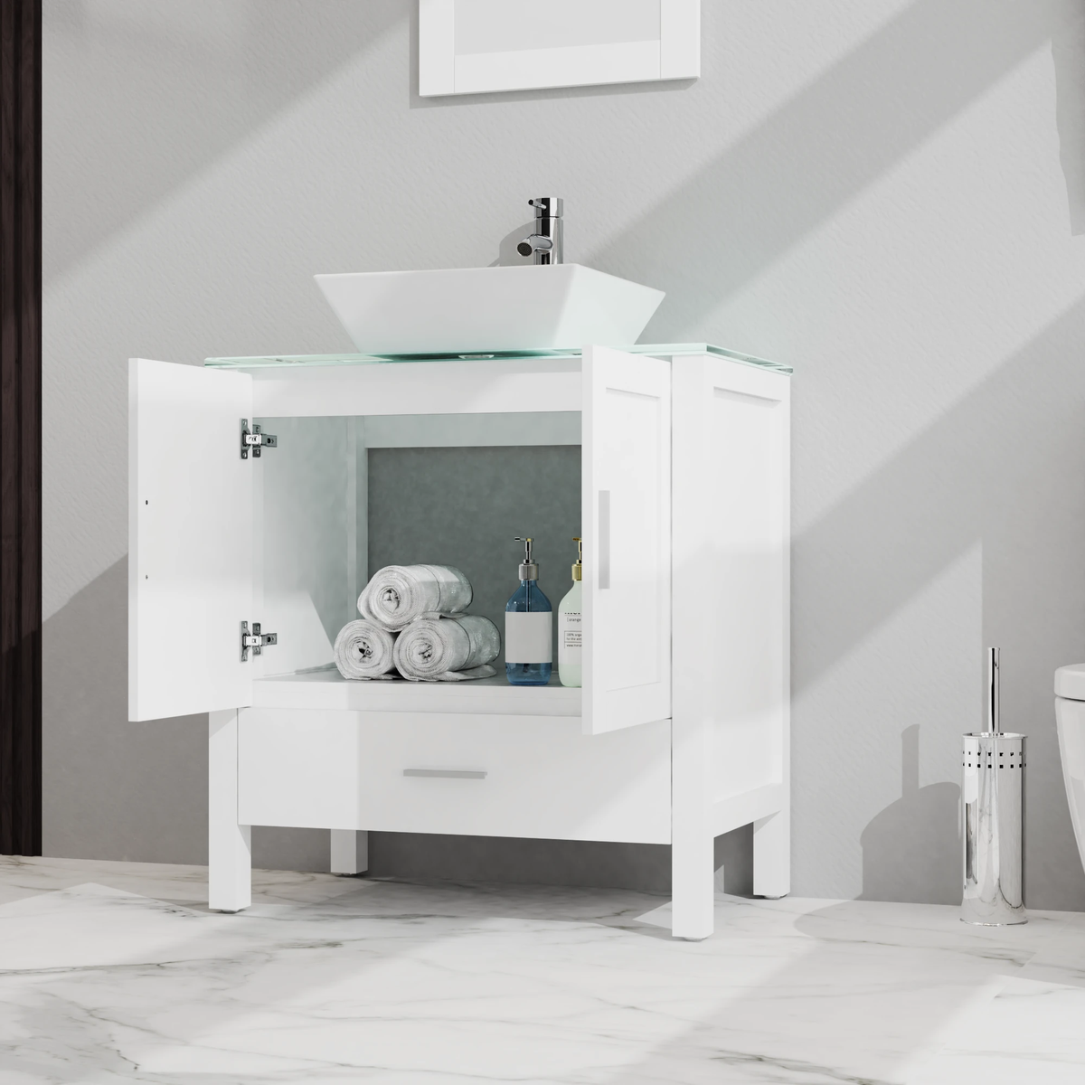 Goodyo 30" Bathroom Vanity and Sink Combo Glass Top Cabinet w/Mirror, White by eprolo