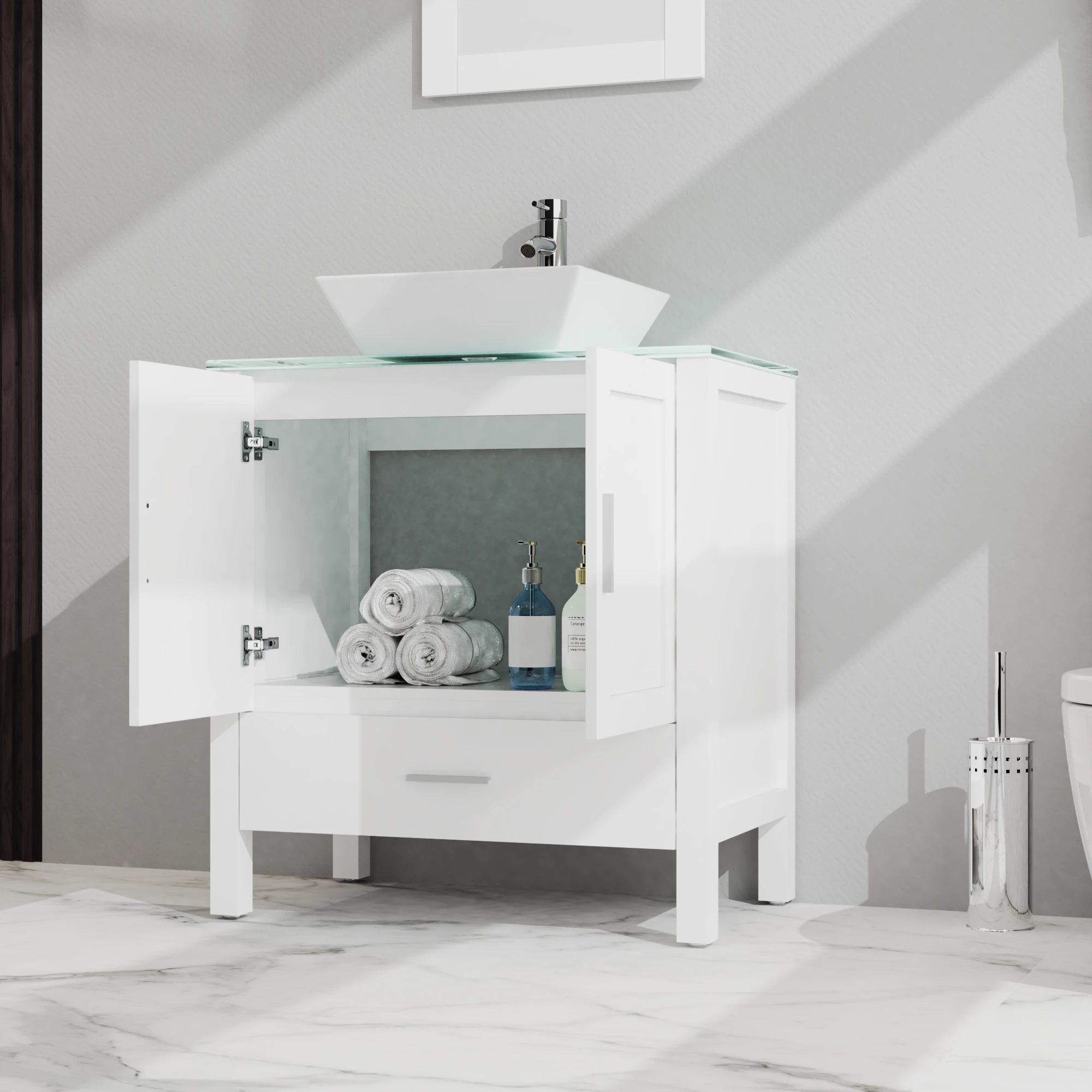 Goodyo 30" Bathroom Vanity and Sink Combo Glass Top Cabinet w/Mirror, White by eprolo