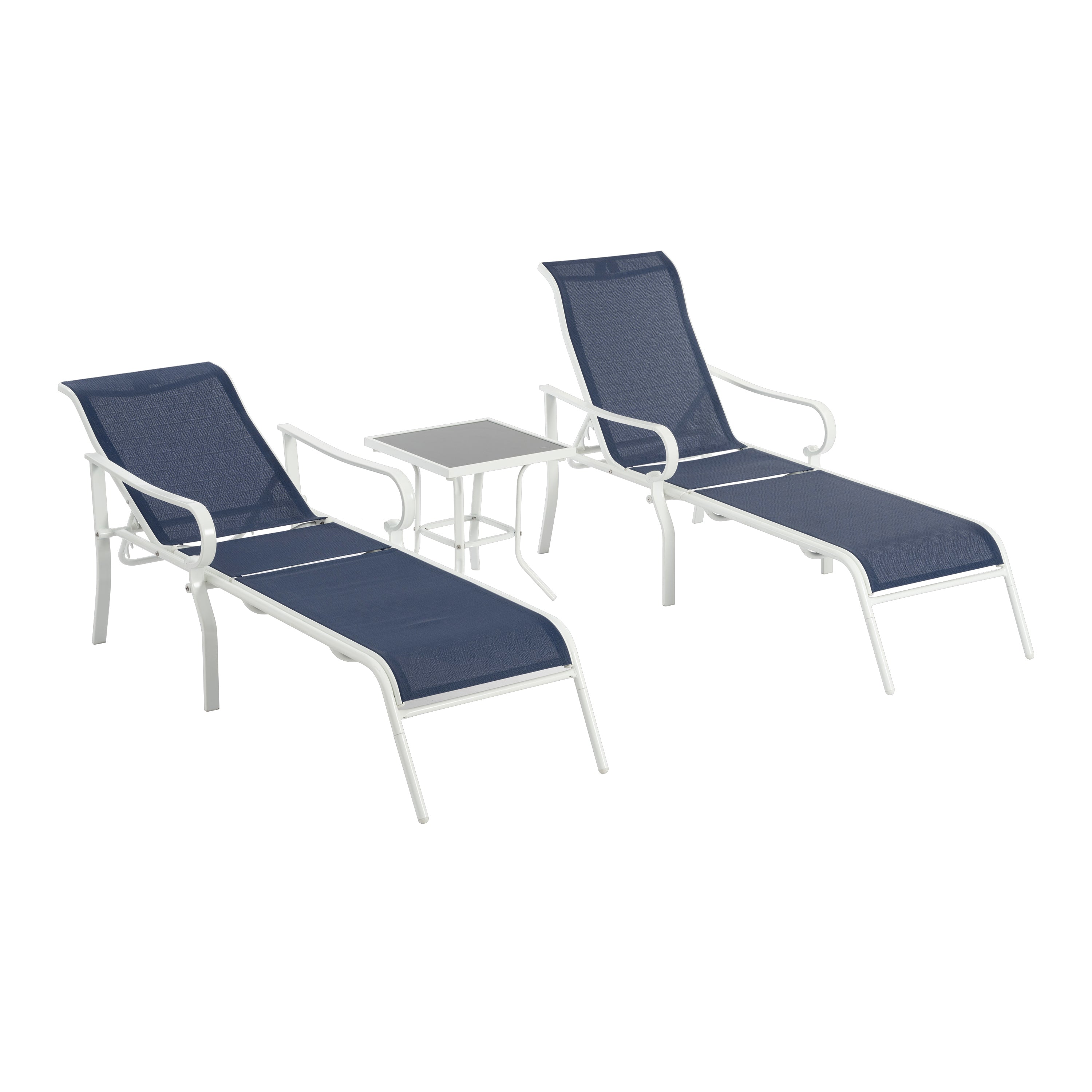Ensemble de 3 chaises longues de terrasse, chaise longue d'extérieur avec 5 dossiers réglables, cadre en acier robuste, blanc bleu
