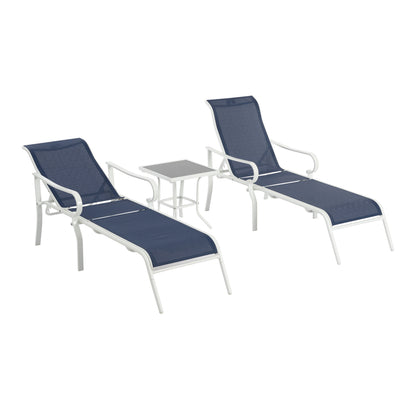 Ensemble de 3 chaises longues de terrasse, chaise longue d'extérieur avec 5 dossiers réglables, cadre en acier robuste, blanc bleu