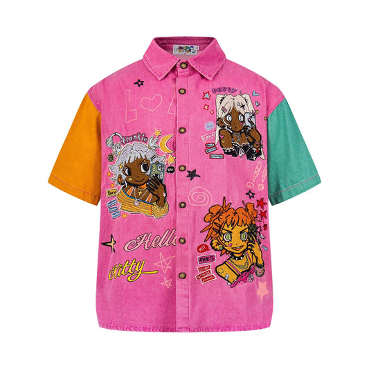 Black skinned girl embroidered short sleeved shirt with patchwork