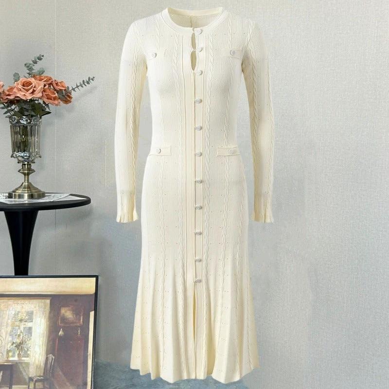 Chic Long Sleeve Knit Dress with Side Split, Waist-Cinching Slim Fit, Floor-Length Skirt by eprolo