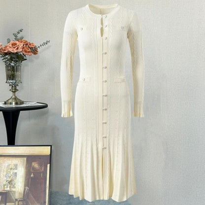Chic Long Sleeve Knit Dress with Side Split, Waist-Cinching Slim Fit, Floor-Length Skirt by eprolo