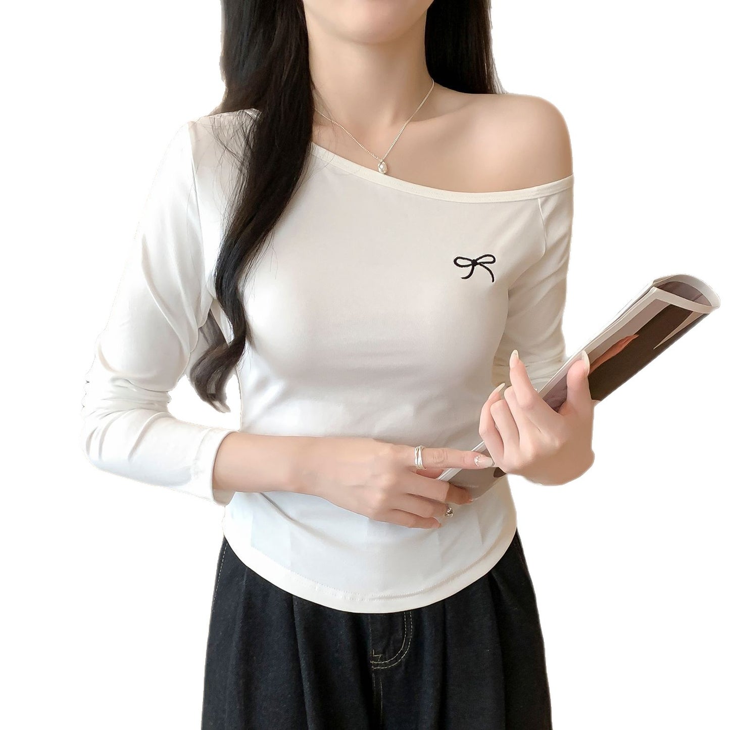 Black Asymmetric Shoulder Inner T-Shirt