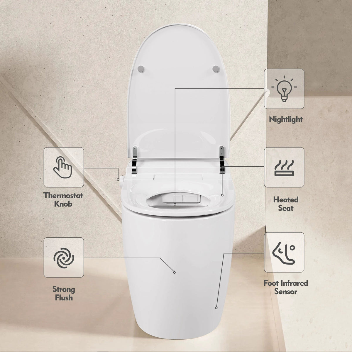 Heated seat intelligent toilet, integrated toilet, automatic flushing water tank toilet, with foot sensor flushing, white night by eprolo