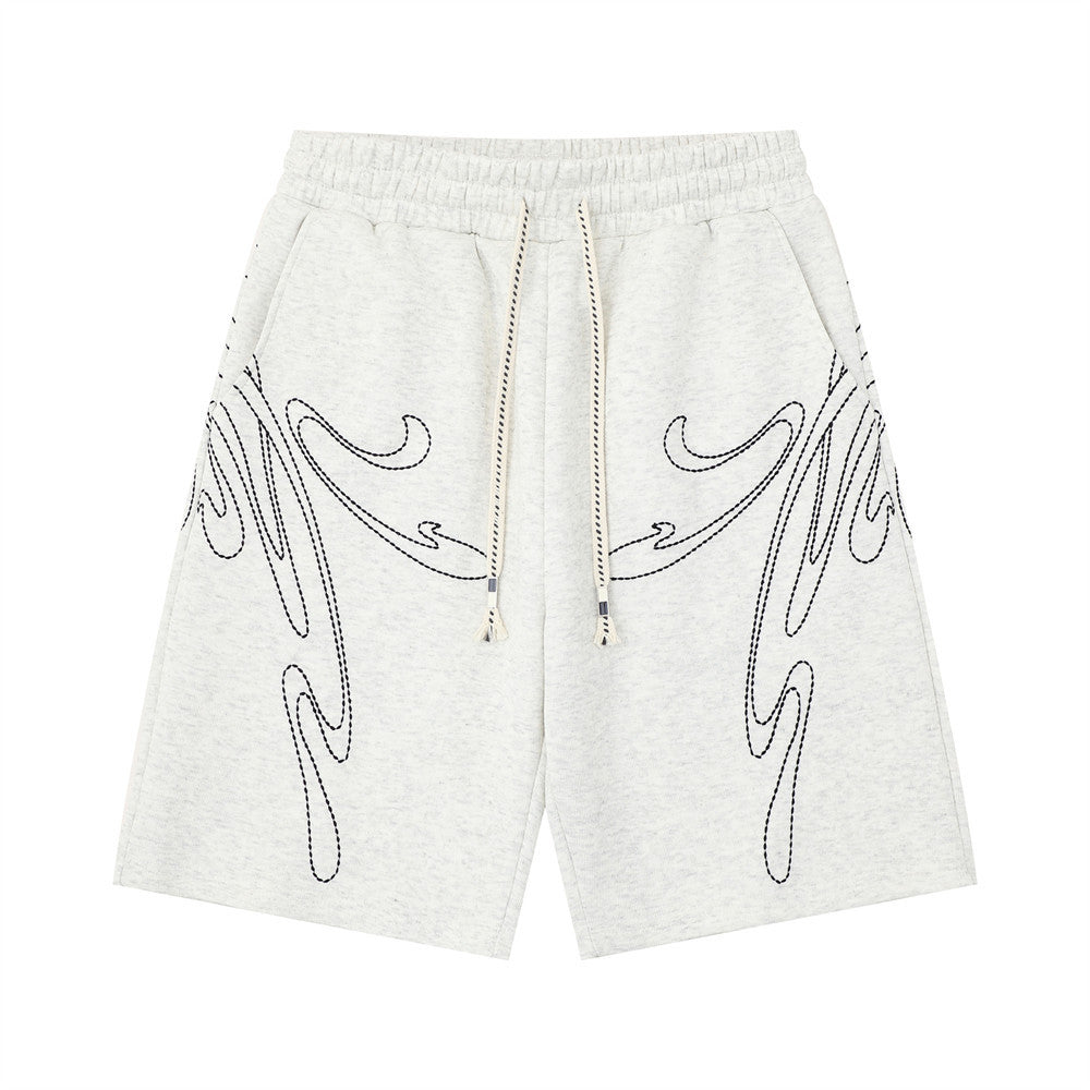 Abstract line embroidery loose shorts