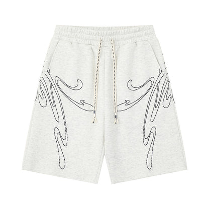 Abstract line embroidery loose shorts