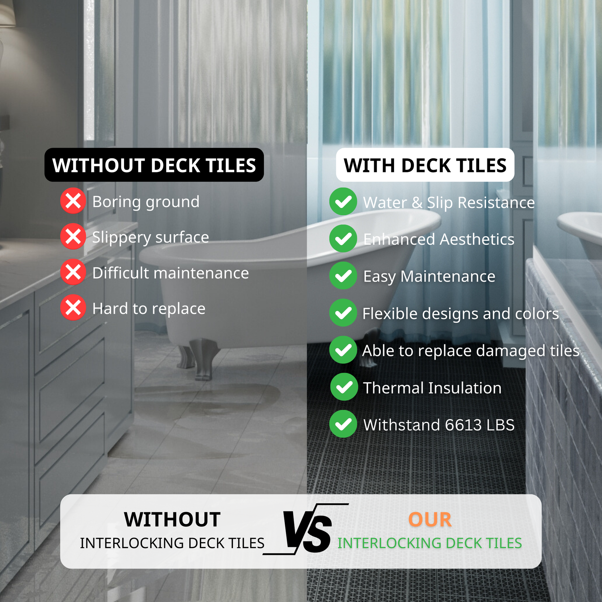 12 x 12 inch black interlocking deck tiles, plastic waterproof, weighing up to 6613 pounds, with a rose pattern pack of 12 by eprolo