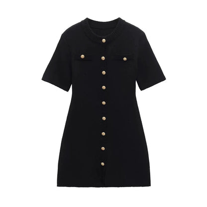 Chic Knit Dress for Women with Metal Buckle, Slim Fit Short Sleeve Waist-CinchingSummer Dress by eprolo