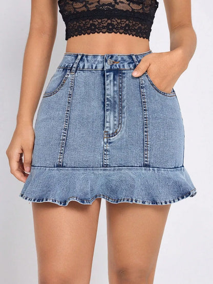 Mini-jupe en jean à ourlet volanté